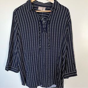 Chico’s Navy Blue & White Dot-Stripe Lace-Up Blouse Size 3 (XL) NWT